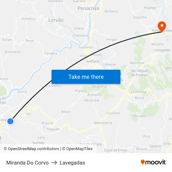 Miranda Do Corvo to Lavegadas map