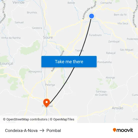 Condeixa-A-Nova to Pombal map