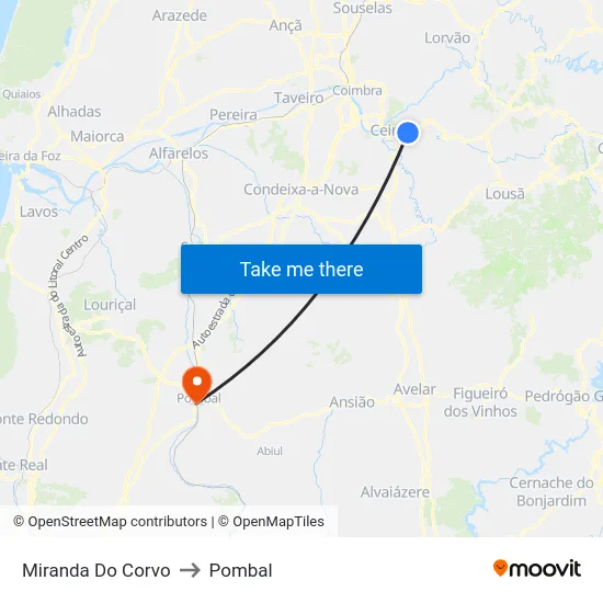 Miranda Do Corvo to Pombal map