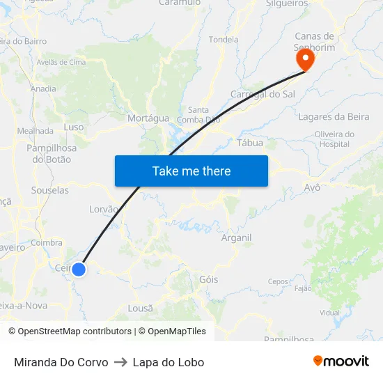 Miranda Do Corvo to Lapa do Lobo map