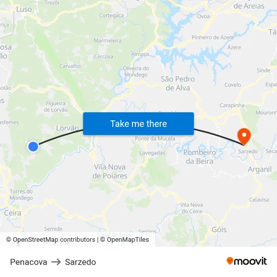 Penacova to Sarzedo map