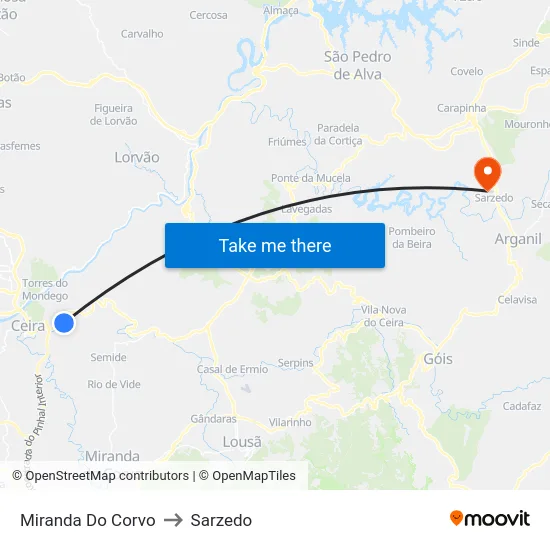 Miranda Do Corvo to Sarzedo map
