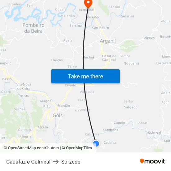 Cadafaz e Colmeal to Sarzedo map