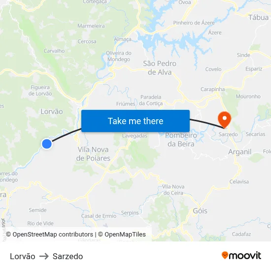 Lorvão to Sarzedo map