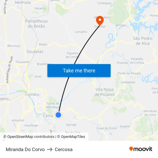 Miranda Do Corvo to Cercosa map