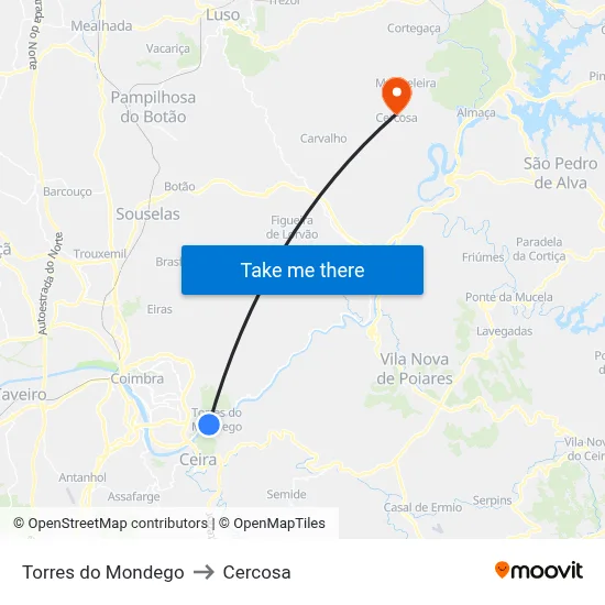Torres do Mondego to Cercosa map