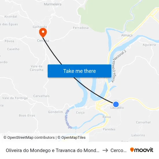 Oliveira do Mondego e Travanca do Mondego to Cercosa map