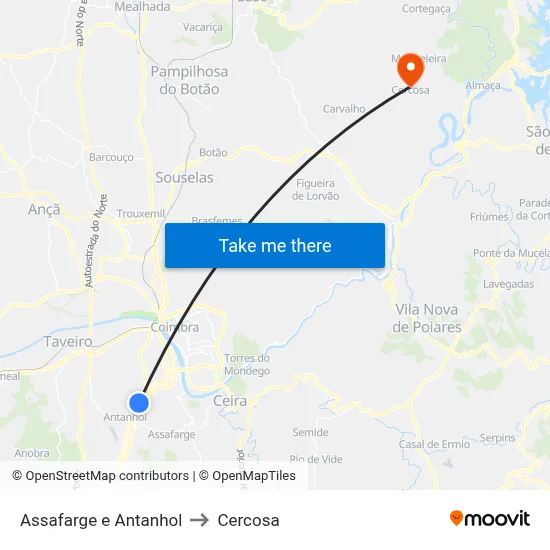 Assafarge e Antanhol to Cercosa map