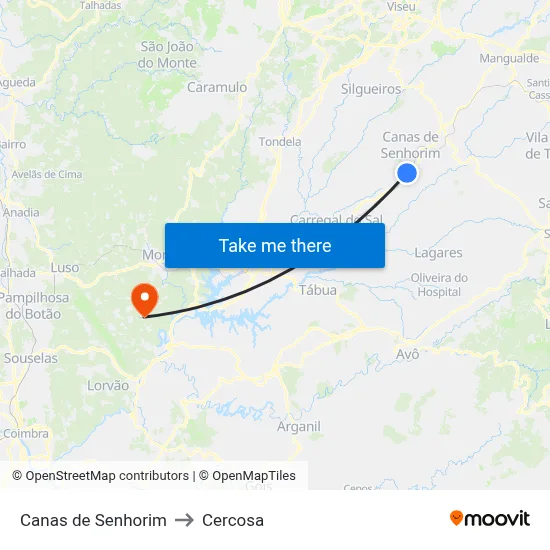 Canas de Senhorim to Cercosa map