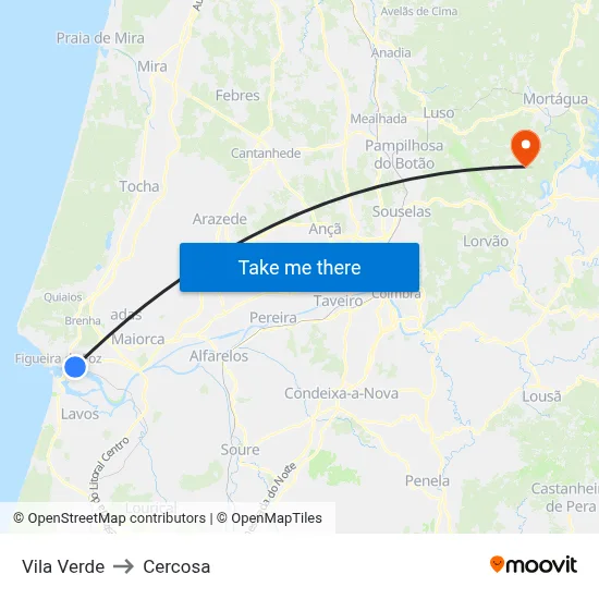 Vila Verde to Cercosa map