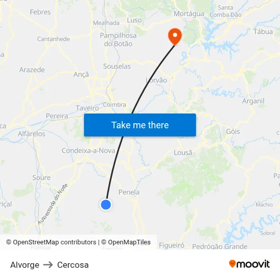 Alvorge to Cercosa map