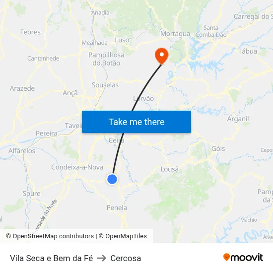Vila Seca e Bem da Fé to Cercosa map
