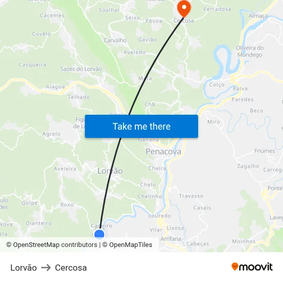 Lorvão to Cercosa map