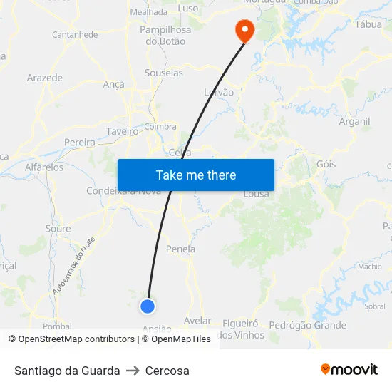 Santiago da Guarda to Cercosa map