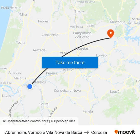 Abrunheira, Verride e Vila Nova da Barca to Cercosa map