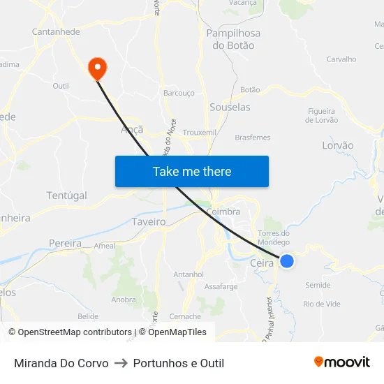 Miranda Do Corvo to Portunhos e Outil map