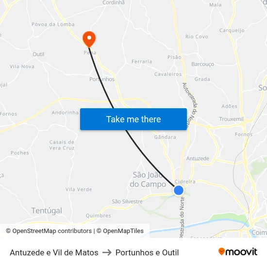 Antuzede e Vil de Matos to Portunhos e Outil map