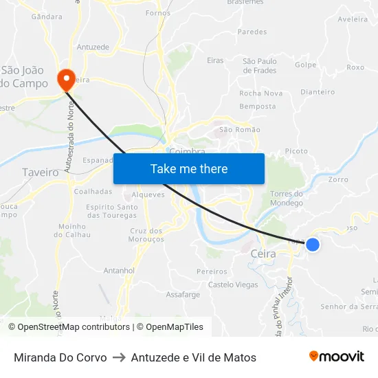 Miranda Do Corvo to Antuzede e Vil de Matos map