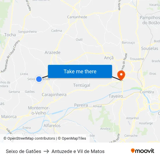 Seixo de Gatões to Antuzede e Vil de Matos map