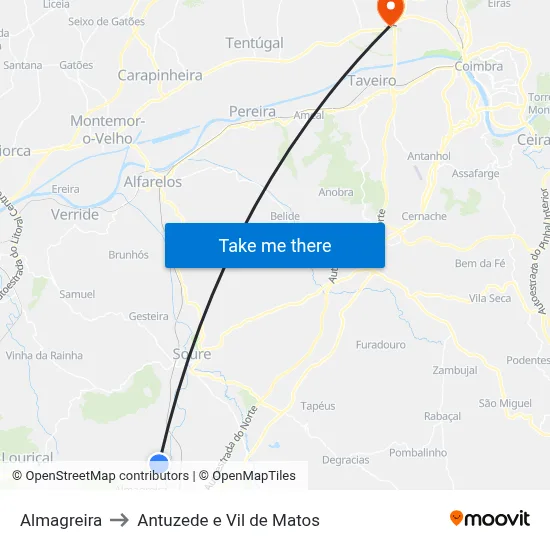 Almagreira to Antuzede e Vil de Matos map
