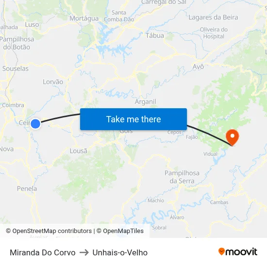 Miranda Do Corvo to Unhais-o-Velho map