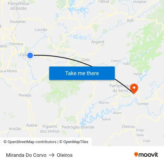 Miranda Do Corvo to Oleiros map