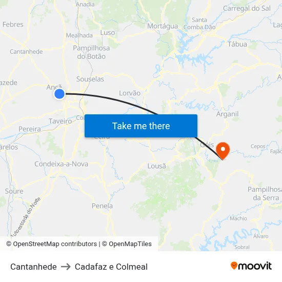 Cantanhede to Cadafaz e Colmeal map