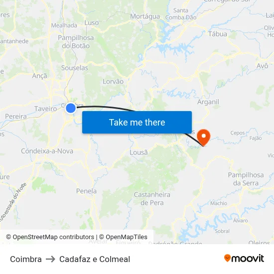 Coimbra to Cadafaz e Colmeal map