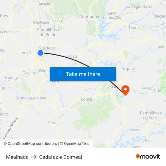 Mealhada to Cadafaz e Colmeal map