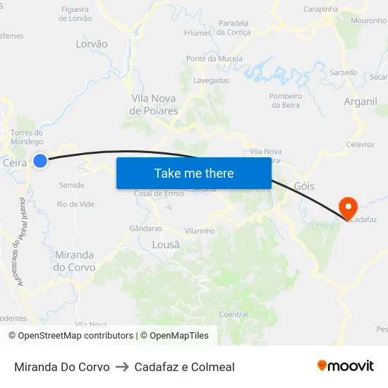 Miranda Do Corvo to Cadafaz e Colmeal map