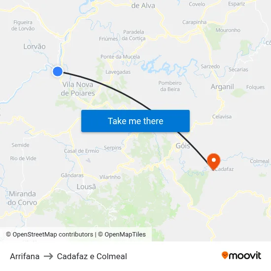 Arrifana to Cadafaz e Colmeal map