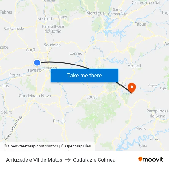 Antuzede e Vil de Matos to Cadafaz e Colmeal map