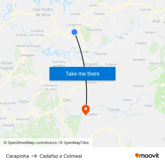 Carapinha to Cadafaz e Colmeal map