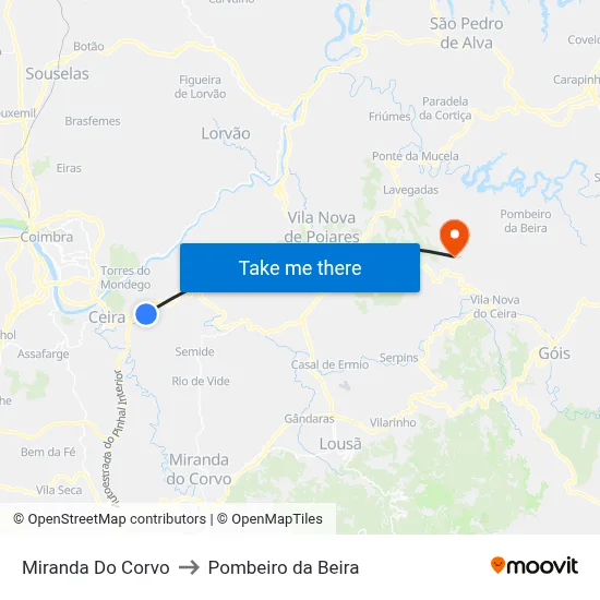 Miranda Do Corvo to Pombeiro da Beira map