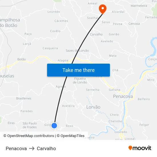 Penacova to Carvalho map