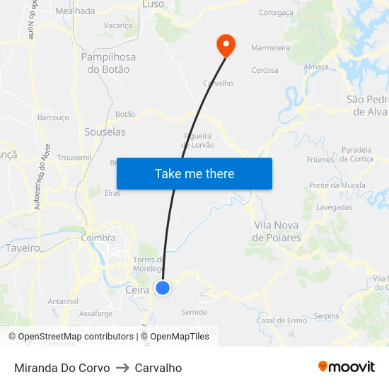 Miranda Do Corvo to Carvalho map