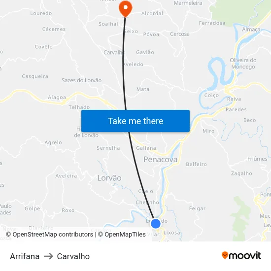 Arrifana to Carvalho map