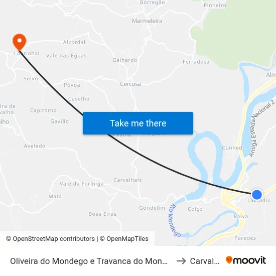 Oliveira do Mondego e Travanca do Mondego to Carvalho map