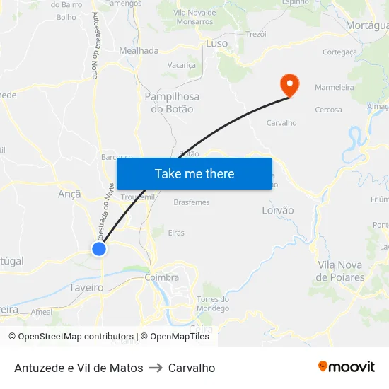 Antuzede e Vil de Matos to Carvalho map