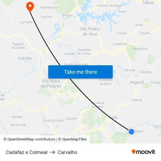 Cadafaz e Colmeal to Carvalho map