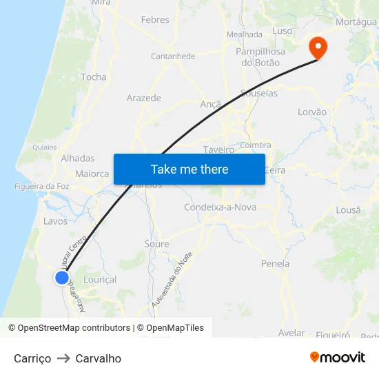 Carriço to Carvalho map