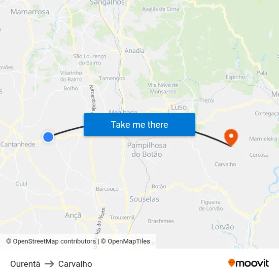 Ourentã to Carvalho map