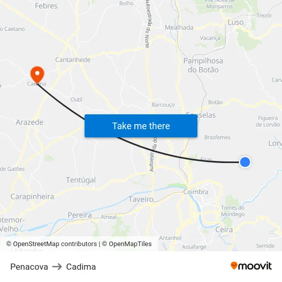 Penacova to Cadima map