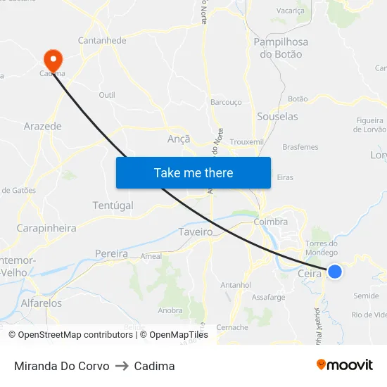 Miranda Do Corvo to Cadima map