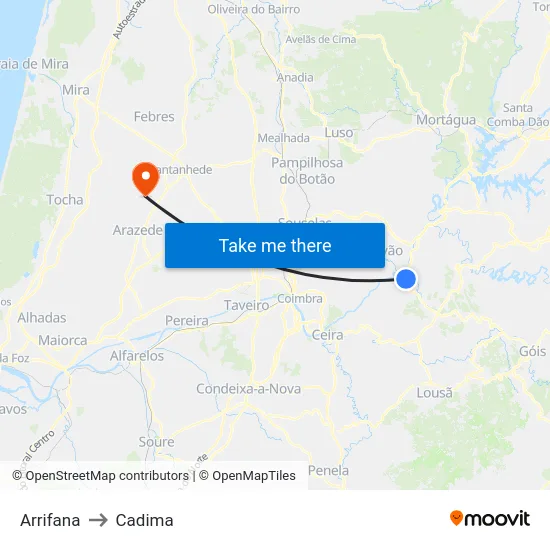 Arrifana to Cadima map