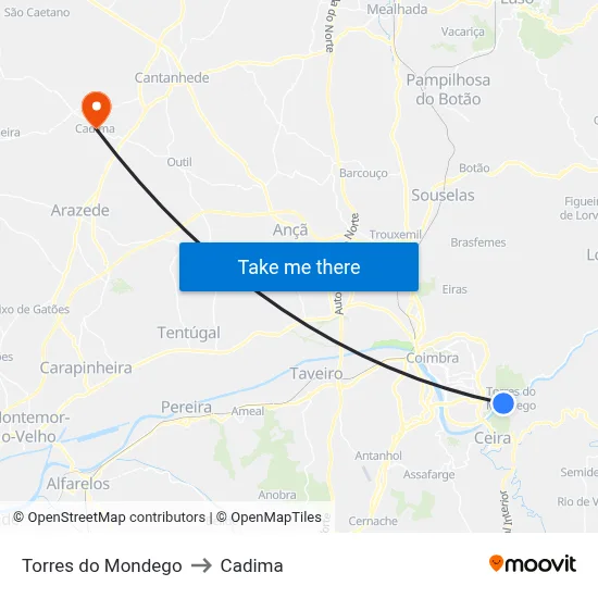 Torres do Mondego to Cadima map