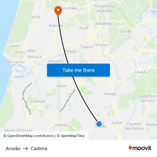 Ansião to Cadima map