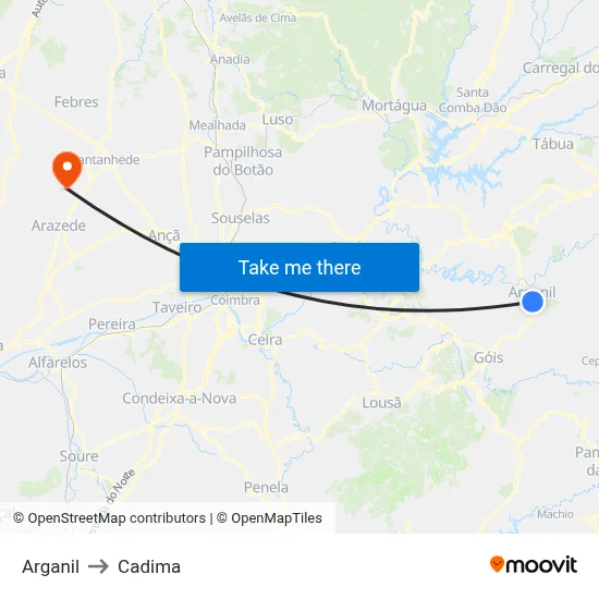 Arganil to Cadima map