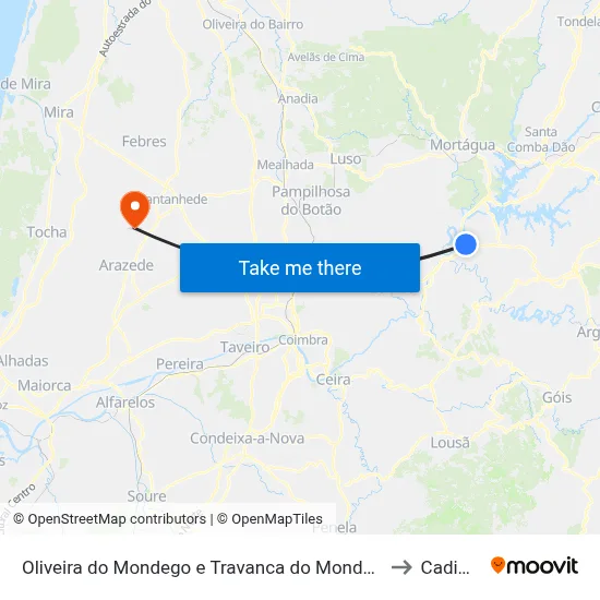 Oliveira do Mondego e Travanca do Mondego to Cadima map