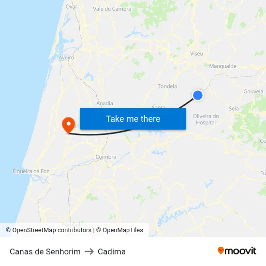 Canas de Senhorim to Cadima map
